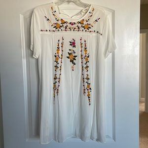 White long shirt or dress with embroidered florals, size medium